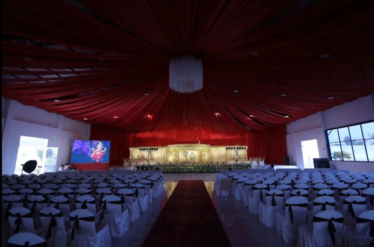 Grand convention hall wedding setup at Gala Convention near Hyderabad