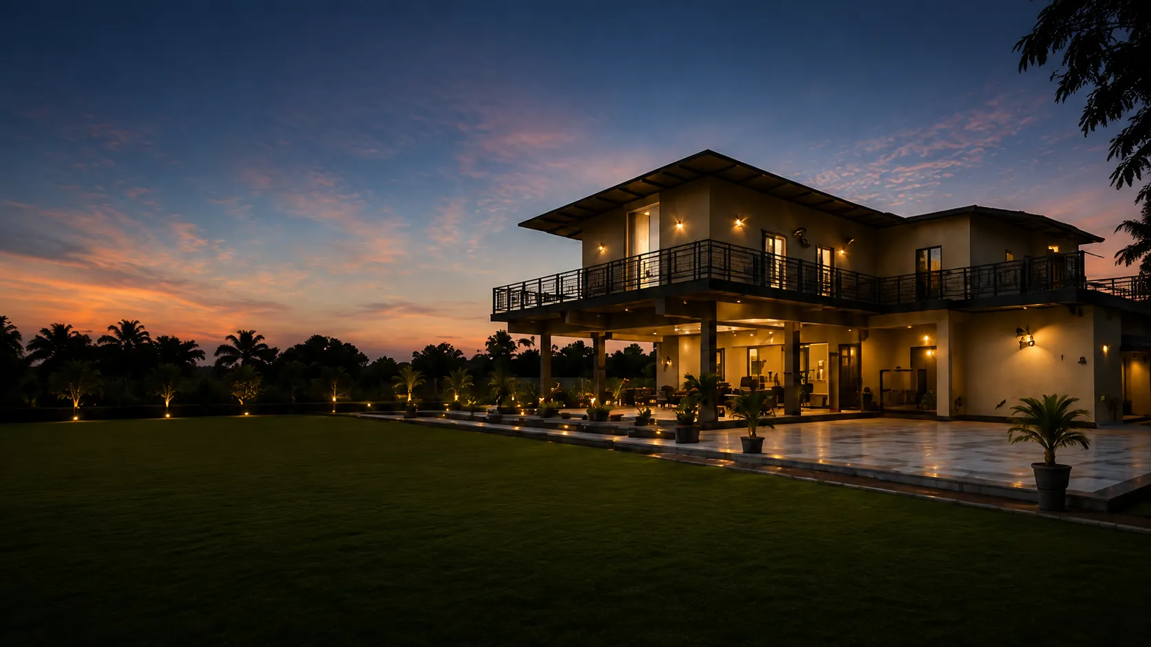 Luxury farmhouse swimming pool and gardens at Gala Farmstay wedding venue near Hyderabad